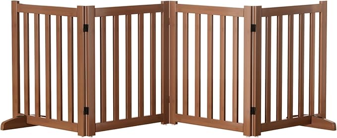 Wooden Freestanding Foldable Dog Gate, 24 Inch Height 4 Panel Pet Gate No Drill for Doorways Stairs, Fully Assembled Indoor Puppy Fence (Teak Color, 80" W x 24" H)