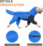 Full-Body Dog Raincoat with Detachable Hood, Waterproof Reflective Dog Rain Jacket with Tail Cover, Adjustable Fit and Leash Portal for Rainy Walks, Blue, Large