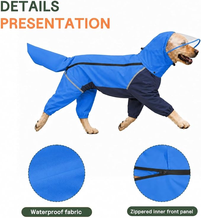 Full-Body Dog Raincoat with Detachable Hood, Waterproof Reflective Dog Rain Jacket with Tail Cover, Adjustable Fit and Leash Portal for Rainy Walks, Blue, X-Large