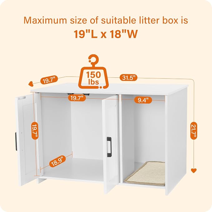 Dwanton Litter Box Enclosure, Cat Litter Box Furniture Hidden, with Scratching Mat, Wooden Cat Washroom Indoor, 31.5" L x 19.7" W x 21.7" H, White