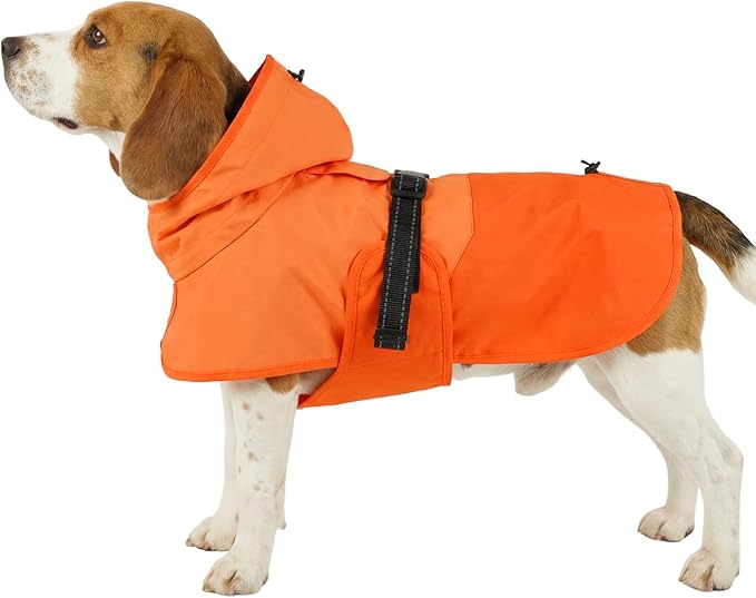 BRKURLEG Dog Raincoat, Waterproof Rain Jacket with Hood, Orange, XL | Adjustable Windproof Rainproof Jacket with Leash Hole, Reflective Breathable Rain Coat Poncho, for Small to Large Dogs