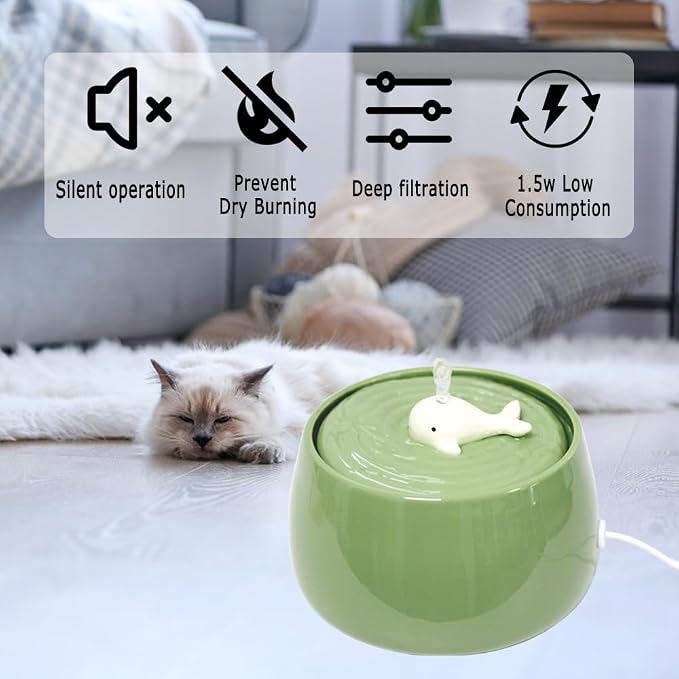 Ceramic Cat Water Fountain, 45oz/1.3L Green Pet Water Dispenser | Automatic Pet Water Bowl, Ultra Quiet Cat Water Fountain with Activated Carbon Filter, Perfect for Cats and Small Dog