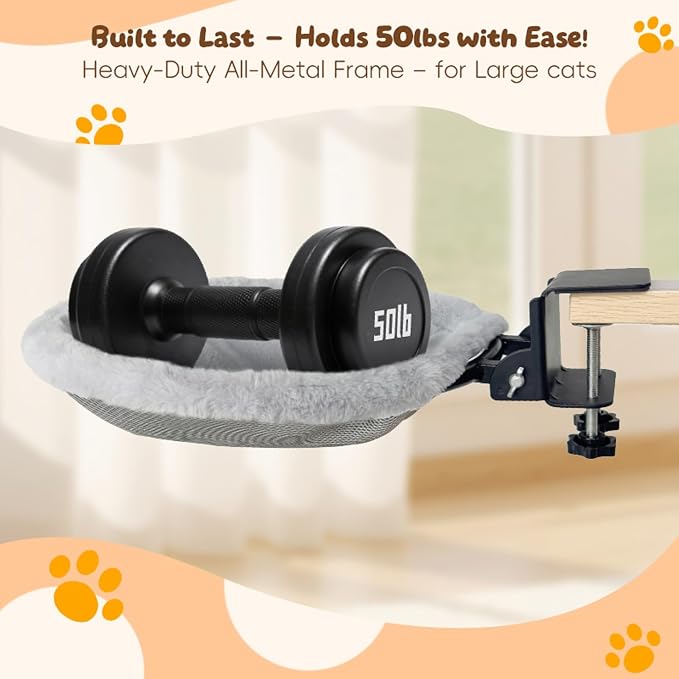 Cat Desk Bed | Supports 50 lb | Desk Mounted Cat Bed Cat Hammock for Desk | Space-Saving Foldable Design Cat Bed for Gaming Desks| removable washable cover | fits a wide range of desk thicknesses