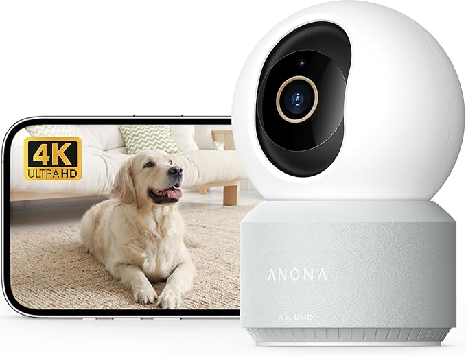 Anona Pano 4K UHD Indoor Camera, Pet/Dog/Baby Security Camera with Phone App, 360° Pan-Tilt, 2.4G/5G Dual-Band Wi-Fi 6, Auto-Tracking, Person/Pet/Baby Crying Detection, Privacy Mode, Two-Way Audio