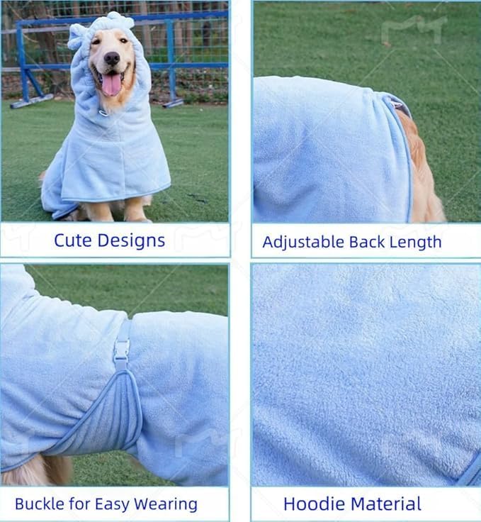 Pet Bathrobe for Dog Cat Absorbently Quick Drying Coat Cute Dogs Bath Towel Hooded Robe Adjustable Collar & Belly Strap for Pool Beach (Blue, Medium) - Image 3