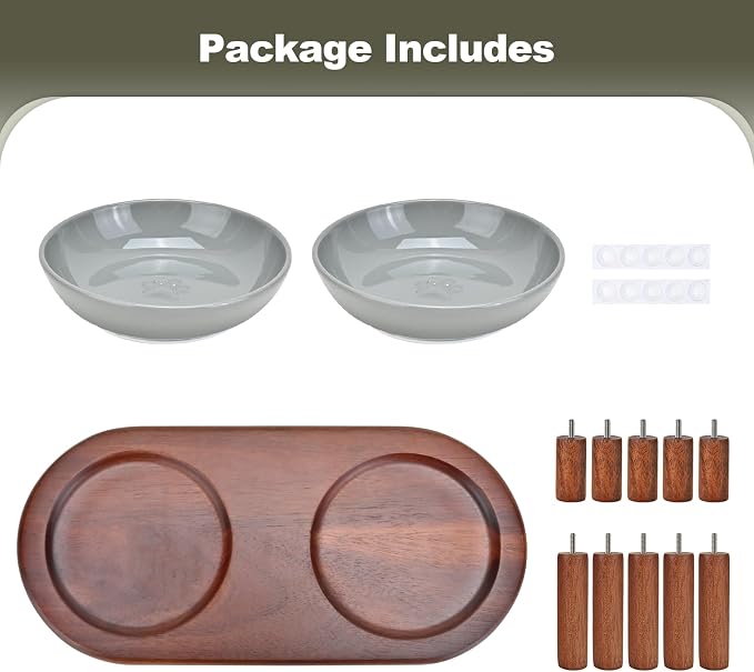 SPUNKYJUNKY Extra Wide Elevated Ceramic Cat Bowl with Acacia Wood Stand Whisker Friendly (Cat Paw Pattern, Gray)