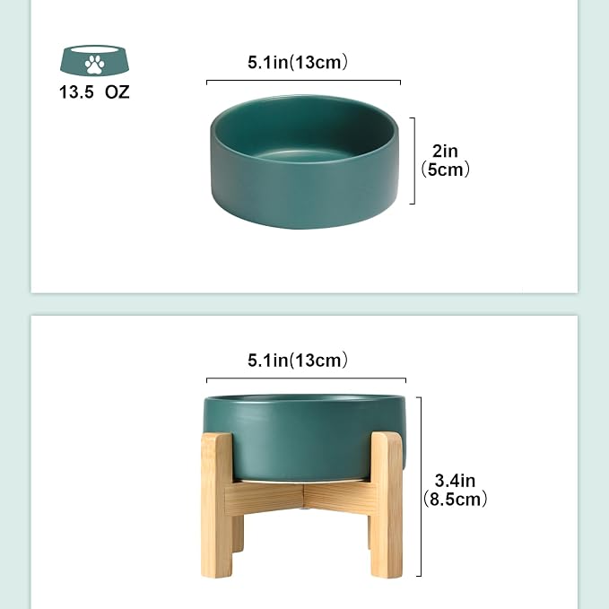 SPUNKYJUNKY Ceramic Elevated Dog Bowls 2 Pack - 5.1inch Raised Dog Bowls with Non-Slip Wooden Stand for Small Dogs Dishwasher Safe(Green,13.5OZ*2)