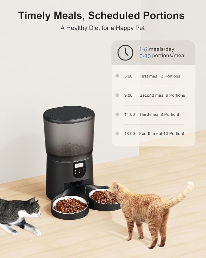 Automatic Cat Feeders for 2Cats, 6L/25cup Automatic Cat Food Dispenser with 2 Stainless Pet Bowls,10s Meal Call Timer Setting 20 Portions 6Meals Per Day, Timed Pet Feeder for Cats Dog Indoor Dry Food