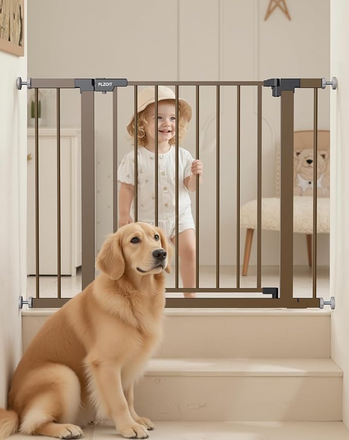 29.5-40.5" Baby Gate for Stairs, Dog Gate for Doorways, Walk Thru Auto Close Metal Baby Safety Gate for The House, Stairs and Doorways, Child Gate Pressure Mounted, Pet Gate for Dog Indoor - Brown