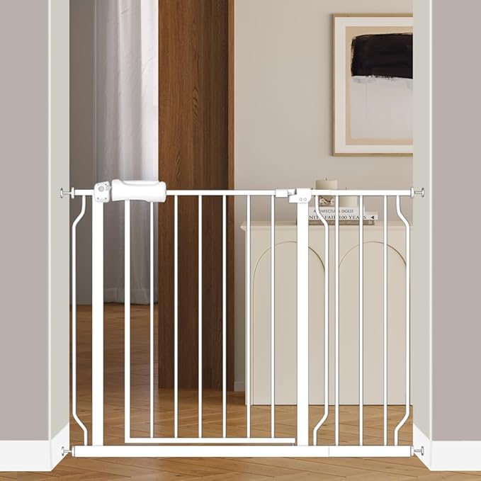 Fairy Baby 38.5-43.5 Inch Extra Wide Baby Gate for Doorways Stairs Hallway | Walk Through Pressure Mounted Baby Gates, Indoor Safety Child Gates for Kids or Pets, Double-Lock One-Hand Operation, White