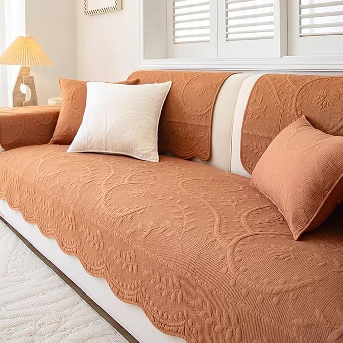 Leaf Floral Cotton Quilted Dog Couch Cover for Sofa Farmhouse Rustic Embroidered Sectional Couch Cover Soft Anti-Slip Sofa Slipcover Furniture Protector for Kids, Pets (Orange,36"x47")