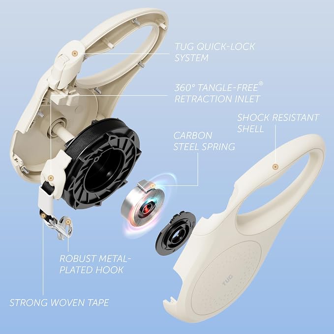 TUG Quest Retractable Dog Leash | 360° Tangle-Free | 26 ft Tape (XL, Cream) | 360° Tangle-Free Retraction, 26 ft Strong Nylon Tape