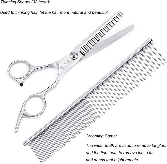 Freewindo Dog Grooming Scissors Kit - Safety Round Tip, Heavy Duty Stainless Steel Scissors and Nail Clippers for Full Body Grooming