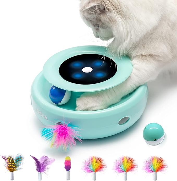 ORSDA Cat Toys 2-in-1 Interactive Cat Toys for Indoor Cats, Automatic Cat Toy Balls, Mice Toys Ambush Feather Kitten Toys with 7pcs Attachments, Dual Power Supplies, Adjustable Speed, Auto On/Off