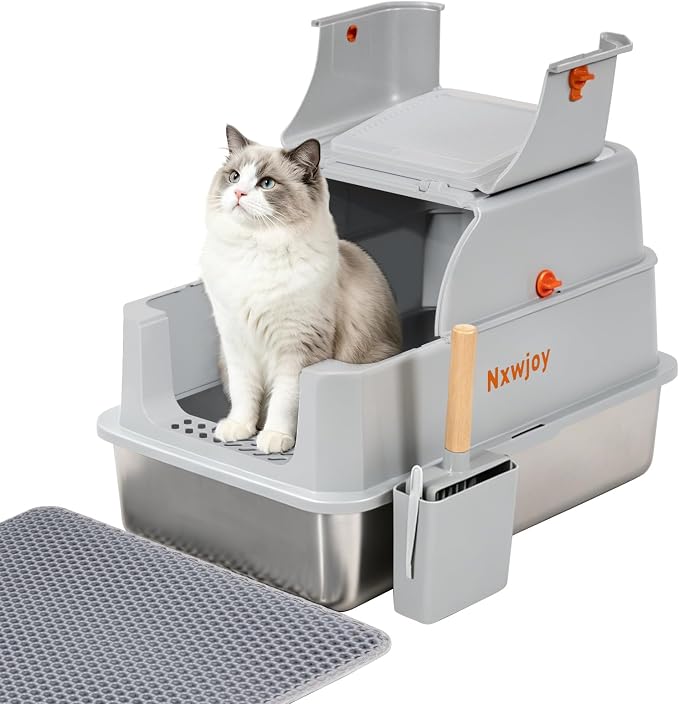 Stainless Steel Litter Box with Lid & Cat Litter Scoop Mat Grey | Deodorizer Cat Metal Litter Box High Sided Enclosure Covered Litter Box Extra Large Litter Boxes for Big Cats