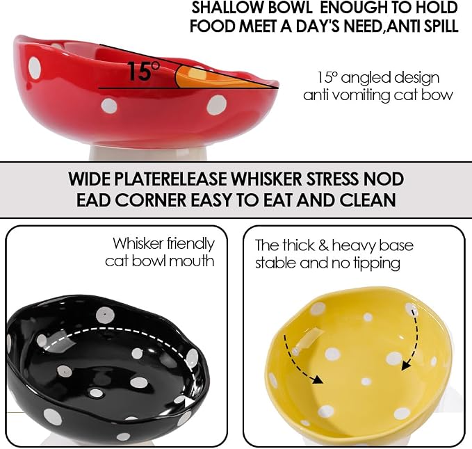 Ceramic Elevated Cat Bowls, Tilted Raised Pet Dish Anti Vomit Kitten Bowl for Indoor Cats, Whisker Friendly Pet Food and Water Bowl for Kitten, Cat, Puppies, Dishwasher Safe (Yellow) | Elevated, Ceramic, Whisker Friendly, Wide Opening, Anti Vomitin,Cut...