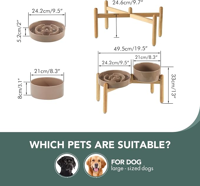 Havniva Elevated Slow Feeder Dog Bowls, Ceramic Dog Bowl Slow Feeder Set | 3.2 Cups Raised Slow Feeding Bowl for Large Breed, 8.2” Dog Water Bowl with Wooden Stand, Puzzle Dog Slow Feeder, Non-slip