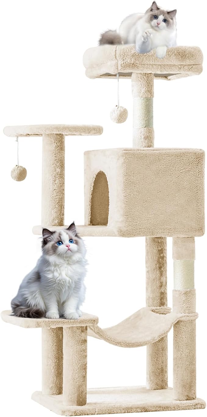 Sweetcrispy 44 Inch Cat Tree Tower, Cat Condo with Hammock, Beige | Cat Climbing Tower with Natural Sisal Scratching Posts, Hammock, Pet Condo for Indoor Cats and Kittens Play