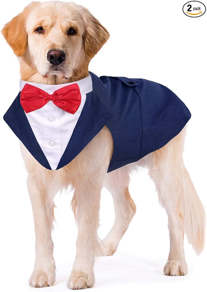 Kuoser Dog Tuxedo, Dog Suit and Bandana Set, Dogs Costume with D-Ring | Formal Dog Outfit with Detachable Bowtie Collar for Wedding, Birthday, Party, Christmas, Halloween, Blue XL