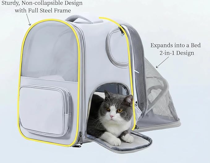 Interactive Expandable Pet Carrier Backpack for Cats & Small Dogs-Interactive Opening Pet Tent Backpack. Expandable for Extra Space.Breathable,Foldable Nest Bed for Travel, Walks,Vet & Home-Gray