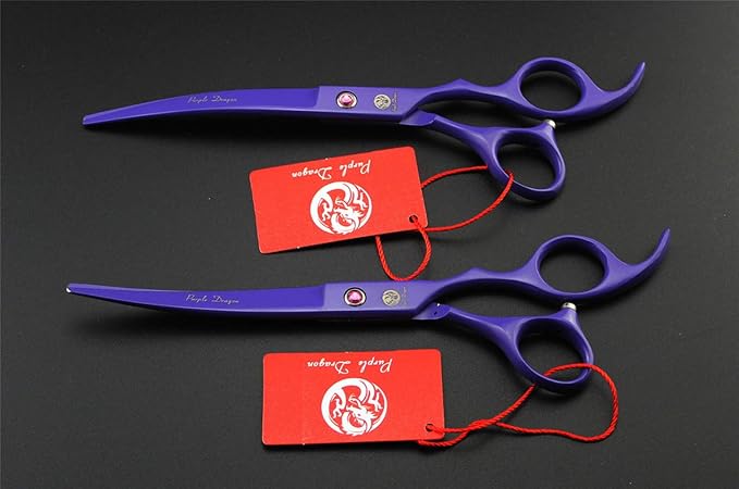 Purple Dragon 7.0 inch Dog Grooming Scissors Set with Silencer - Violet | 4PCS Pet Grooming Shears Kit with Straight, Curved, Thinning Blade, Comfortable Grip, Japanese 440C Steel, Gift for Groomers