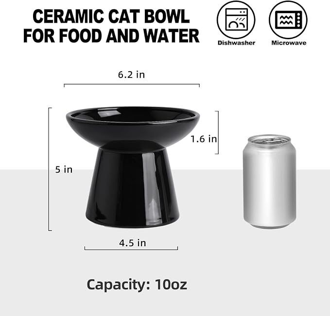 Ceramic Elevated Cat Bowls - 6.2 Inch Extra Wide Raised Cat Food and Water Bowl Set for Indoor Cats, Whisker-Friendly Ceramic Cat Dish for Elder Big Cats & Small Dogs,Black,2 Pack