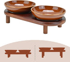 SPUNKYJUNKY Extra Wide Elevated Ceramic Cat Bowl with Acacia Wood Stand Whisker Friendly (Cat Paw Pattern, Brown)