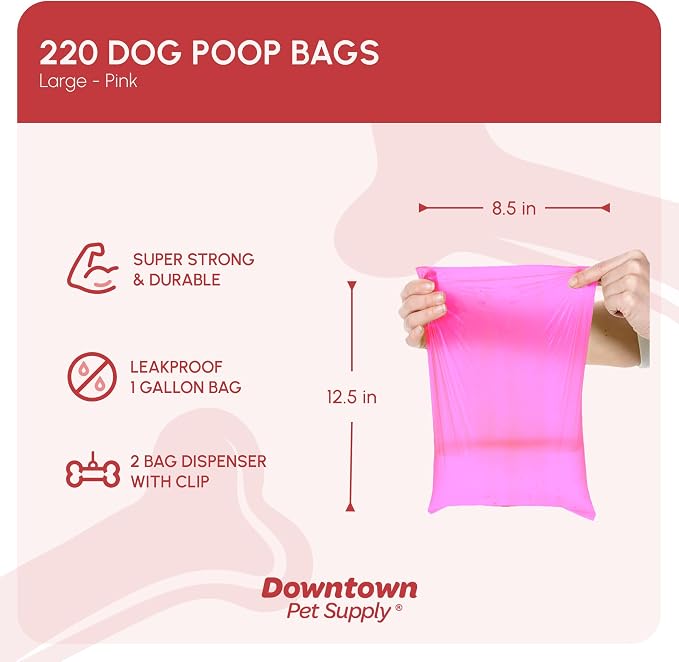 Downtown Pet Supply Poop Bags for Dogs with Dispenser, 220 Count - Leak-Proof Dog Waste Bags and Bone-Shaped Dog Poop Bags Holder for Leash - Pink, 12.5" x 8.5"