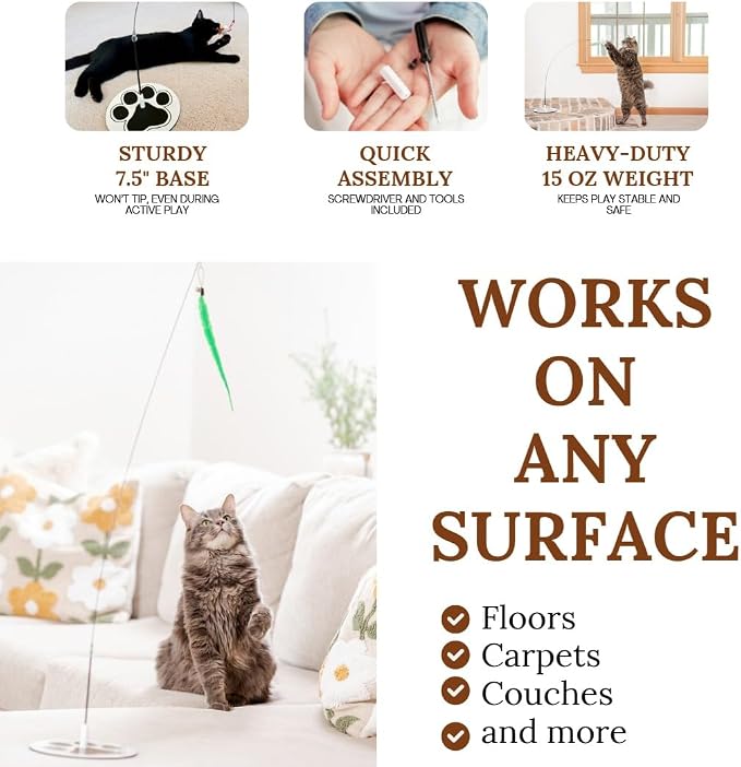 Cat Toys for Indoor Cats, Interactive Cat Toy Wand, Kitten Stuff, 9 Lures | 3 Play Modes! Set The No-topple Base On A Couch, Attach The Dual Suction Base, Or Use The Handheld Fishing Pole Wand.