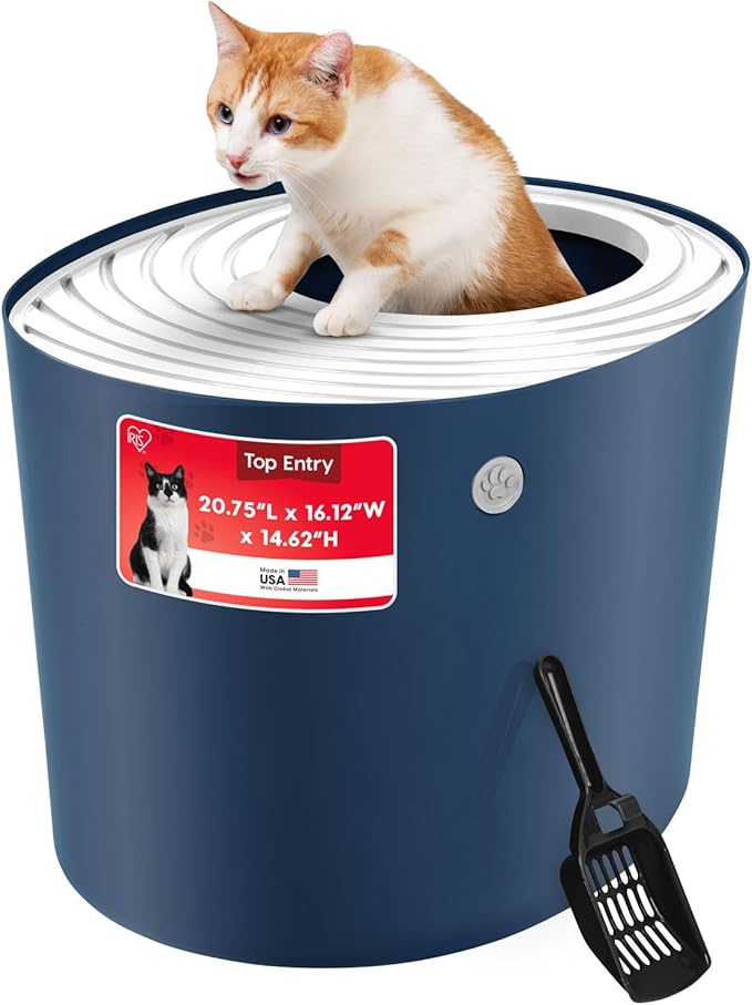 IRIS USA Large Top Entry Cat Litter Box, Hooded Privacy, Navy/White | Dog-Free Zone, Mess Containment System, Protected Interior, Dog Proof Pan, Odor Trapping, Easy Scoop Access