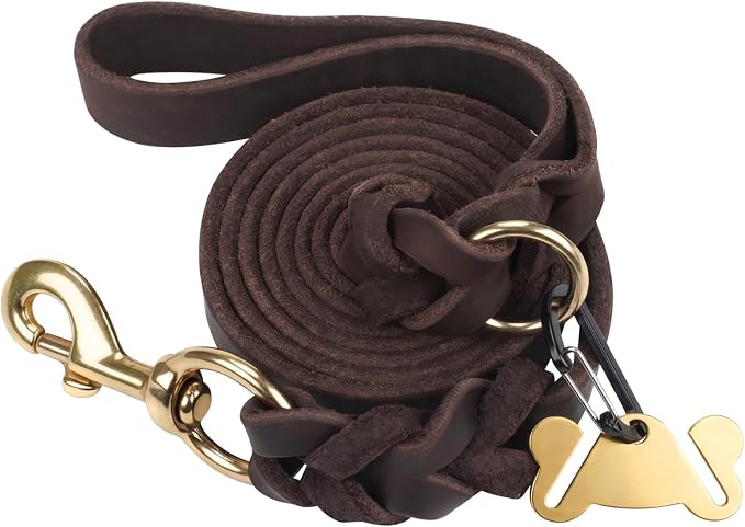 Taglory Leather Dog Leash for Large Medium Dogs, Hand-Braided, 6FT Brown | Strong for Training & Everyday Walks, Soft Grip Full Control, Hands-Free Poop Bag Holder, Rotating Brass Clasp, 3/4 INCH