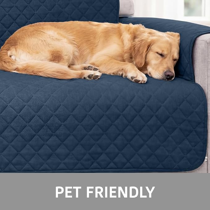 Sofa Shield 100% Waterproof Couch Cover with Patented Straps, Slip & Stain Resistant Furniture Protector, Machine Washable Sofa Slipcover for Dogs Cats Pets Kids, 28 inch Seat, Large Recliner, Navy