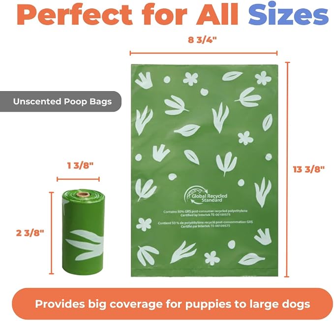 Best Pet Supplies GRS Poop Bags for Dogs - 300 Count, Green, Unscented | Unscented, 50% Post-Consumer Recycled Plastic, Leak-proof, Easy-Tear perforations, Thick Bags, Fits Standard Holders