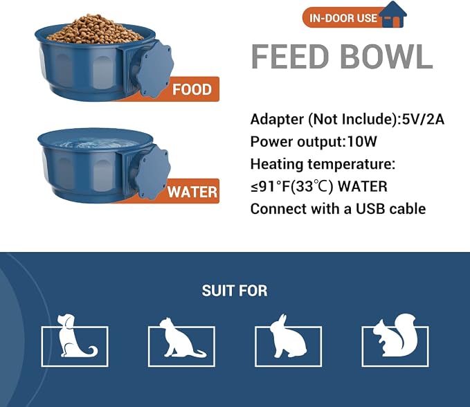 Indoor Pet Small Heated Water Bowl, Cat Thermal Bowl in Winter, 600ML Hanging Heated Water Bowl for Rabbit Cage Dog Crate, Indoor USB Portable Warm Dish for Dogs Cats Rabbits Birds, Blue