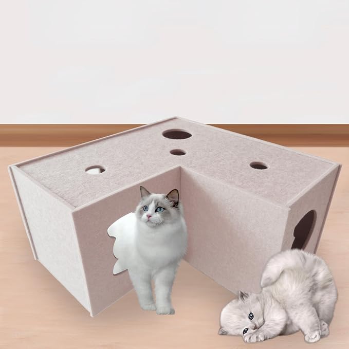 Homegroove Cat Tunnel for Indoor Cats, Felt Cat Play Tunnel, Beige, L-Shape | Felt cat tunnel, interactive peek holes, cat tunnel bed, hide & seek toy, DIY peekaboo cat toy for indoor play