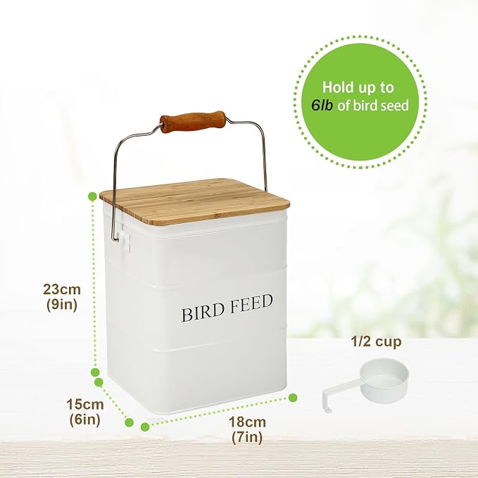 Bird Seeds storage container,Bird Seed Container,Metal food tin for Birds, pet snacks Canisters with wooden lid/handle/sevice scoop,hold 5-6 lbs