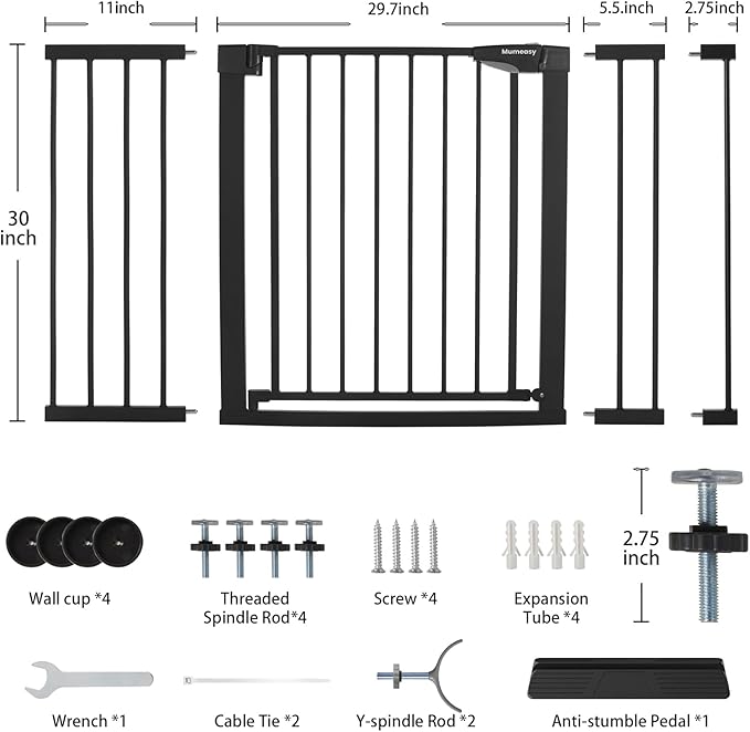 Mumeasy 29.7-51" Extra Wide Baby & Dog Safety Gate for Stairs & Doorways | Pressure/Hardware Mount Child & Pet Gate, Auto Close Easy Access Walk Thru Door for House, Hallway, Indoor & Outdoor, Black