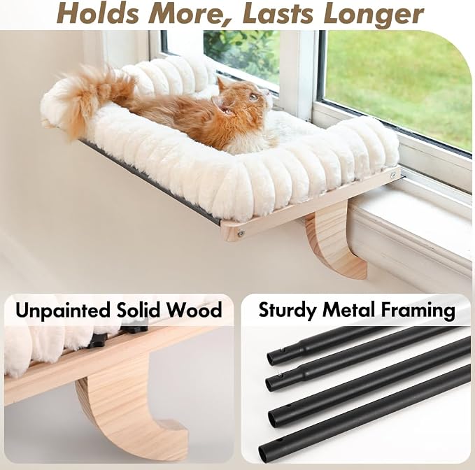 Cloud-Soft Cat Window Sill Perch with Zipper Designed Cushioned Bed, Supportive Cat Window Seat with Premium Solid Wood & Sturdy Metal Frame, Pet Hammock Bed for Large Cats (Large, White)