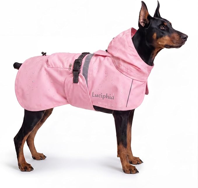 Luciphia Dog Raincoat, Adjustable Hooded Reflective Jacket with Pocket | Pink XXX-Large dog rain jacket with leash hole, buckle-on, non-stick fur. For daily walks.