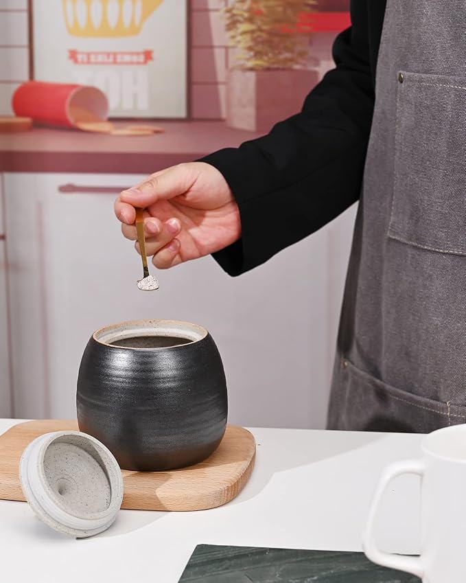 Kitchen Canisters Ceramic Storage Jar with Silicone Airtight Lid Black | Retro Style High Quality Ceramic Food Storage Jar Roud Shape for Tea, Coffee, Nuts, Herb, Spice, Sugar