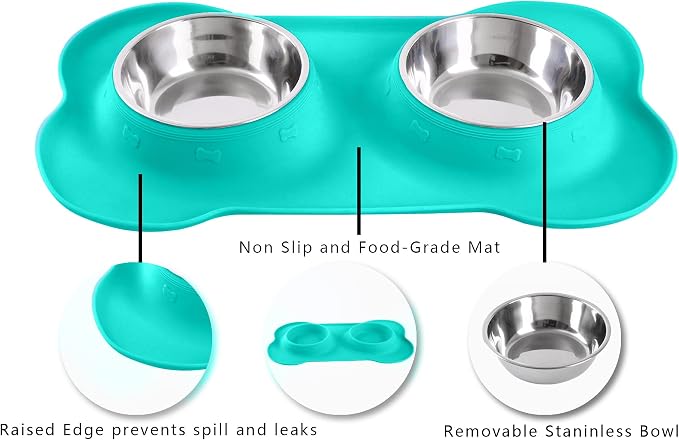 Hubulk Pet Dog Bowls 2 Stainless Steel Dog Bowl with No Spill Non-Skid Silicone Mat + Pet Food Scoop Water and Food Feeder Bowls for Feeding Small Medium Large Dogs Cats Puppies (Medium, Mint Green)