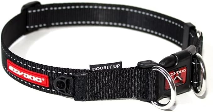 EzyDog Double Up Dog Collar, Strong Double D-Rings - X-Large, Black | Dual D-Rings for Superior Strength, Safety, and Comfort, Soft Touch Nylon Webbing, Reflective Stitching, Id Attachement Point