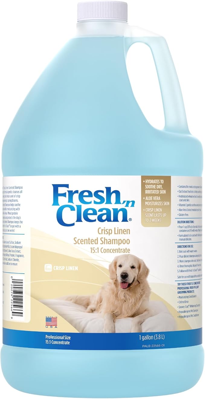 PetAg Fresh ’n Clean Crisp Linen Scented Shampoo (15:1 Concentrate) - 1 Gallon - Soothes Dry, Irritated Skin with Vitamin E & Aloe Vera - Strengthens & Repairs Coats - Gluten Free