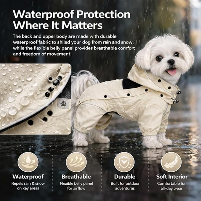 LOVELONGLONG Waterproof Dog Raincoat with Removable Hood – Outdoor Full Body Dog Jacket, Windproof Snowproof Shell Suit – All Season Pet Rain Gear Ivory XXL