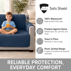 Sofa Shield 100% Waterproof Couch Cover with Patented Straps, Slip & Stain Resistant Furniture Protector, Machine Washable Sofa Slipcover for Dogs Cats Pets Kids, 28 inch Seat, Large Recliner, Navy