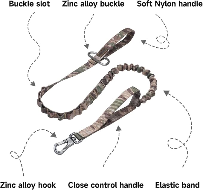 EXCELLENT ELITE SPANKER Tactical Military Bungee Nylon Dog Leash Adjustable | Adjustable No Pull Leads Rope Quick Release with 2 Control Handle heavy duty durable for training huntingfor medium large dog