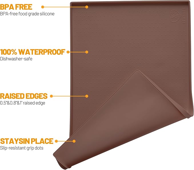 Hubulk Dog Feeding Mat,100% Waterproof Food Grade Silicone Pet Food and Water Bowl Placemat,Dishwasher, High Raised Edge to Prevent Spills,Nonslip Tray to Stop Messes on Floor（32"x24"x1.0", Brown）