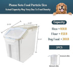 50LB Large Flour Storage Container Bin,2 Pack Airtight Plastic with Wheels Seal Locking Lid Dispenser Organizer Bin with Measuring Cup & Scoop for Flour, Rice, Grain 100LBS Total Capacity(Grey)