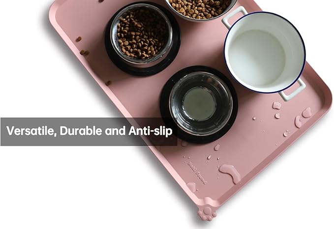 Hoki Found Large Non Slip Pet Feeding Mats - Silicone tray - Waterproof Bowls - Neutral Pink