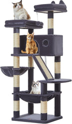 Taoqimiao Sturdy Cat Tree, 58In Cat Tower for Indoor Cats Large Adult | Spacious Cat Condo, 2 Cute Perches, Metal Frame Hammock, 1 Scratch Board, 8 Natural Sisal Posts, Basket, Smoky Gray, MS026G